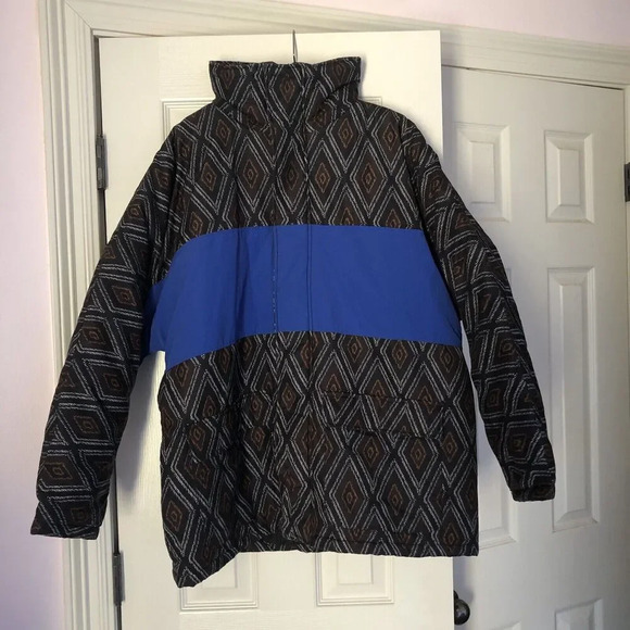Zara Man Black Color Block Cobalt Blue Aztec Print Puffer Jacket Coat Size Large - Picture 3 of 9